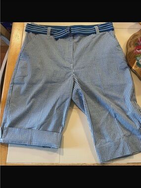 **2 pair for $12**Blue Gingham Women's 4 Pocket Shorts with Striped Belt NWOT